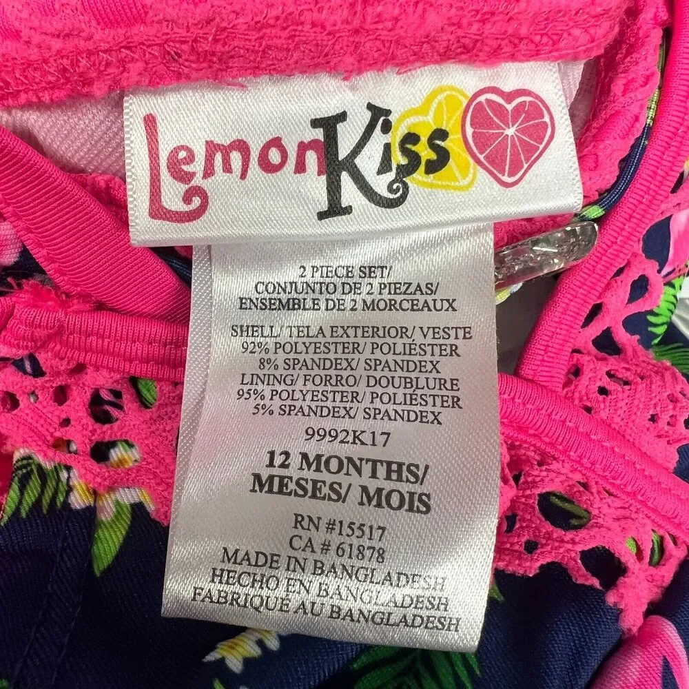 Lemon Kiss Navy Pink Flamingo Tropical Green Leaves Floral Bikini Girls‎ 12M